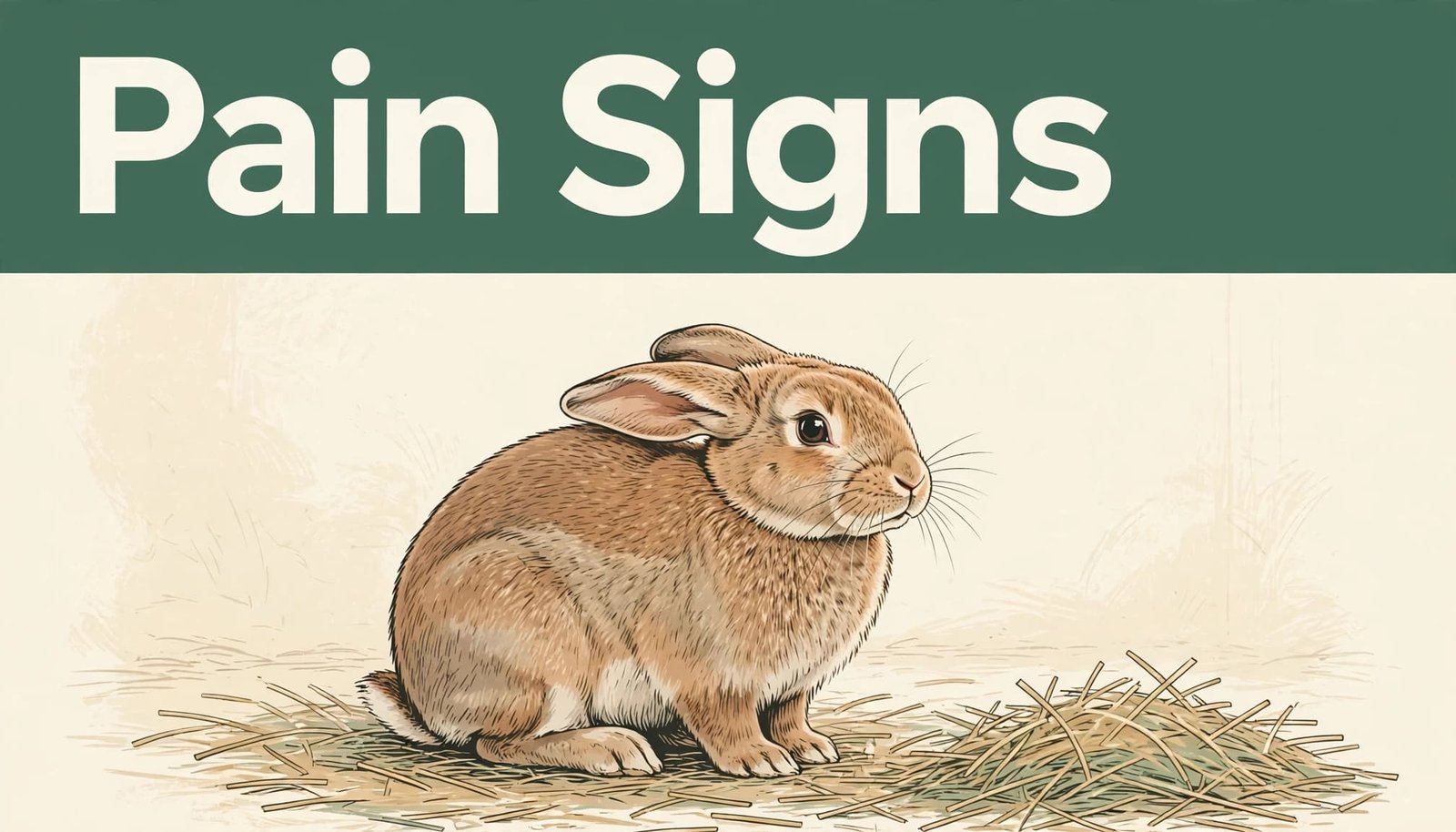 A rabbit with lowered ears sits beside hay beneath a green headline band.