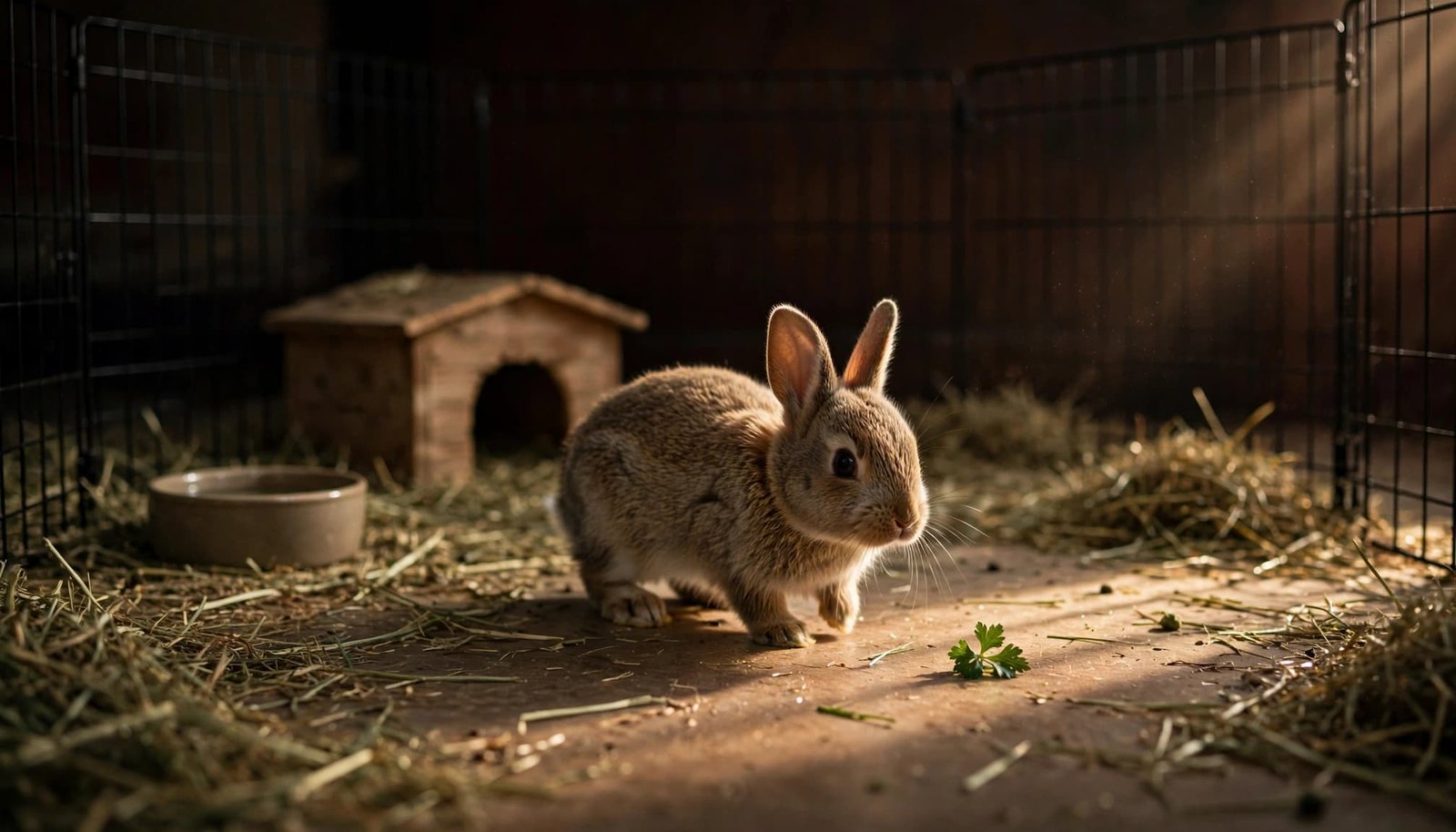 A rabbit approaches a leafy treat inside a pen with hay and a water bowl.