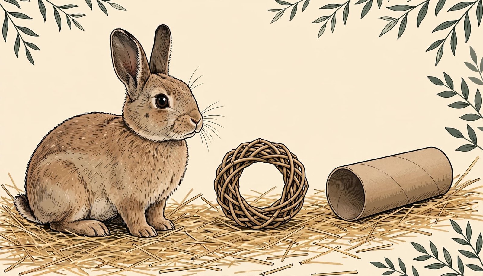 A rabbit sits beside a willow chew toy, cardboard tube, and nearby hay.