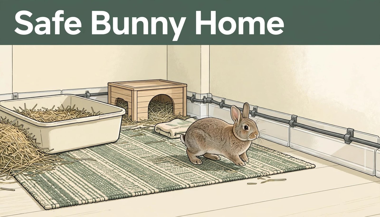 Rabbit moving across a washable rug in a bunny-proofed living room corner.