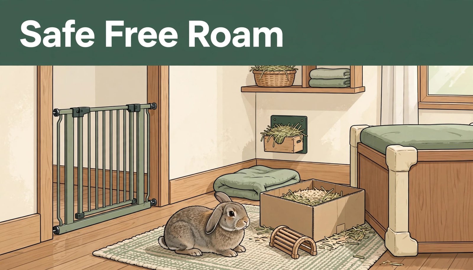 A rabbit explores a bright living room with barriers, covered edges, and a cardboard enrichment area.
