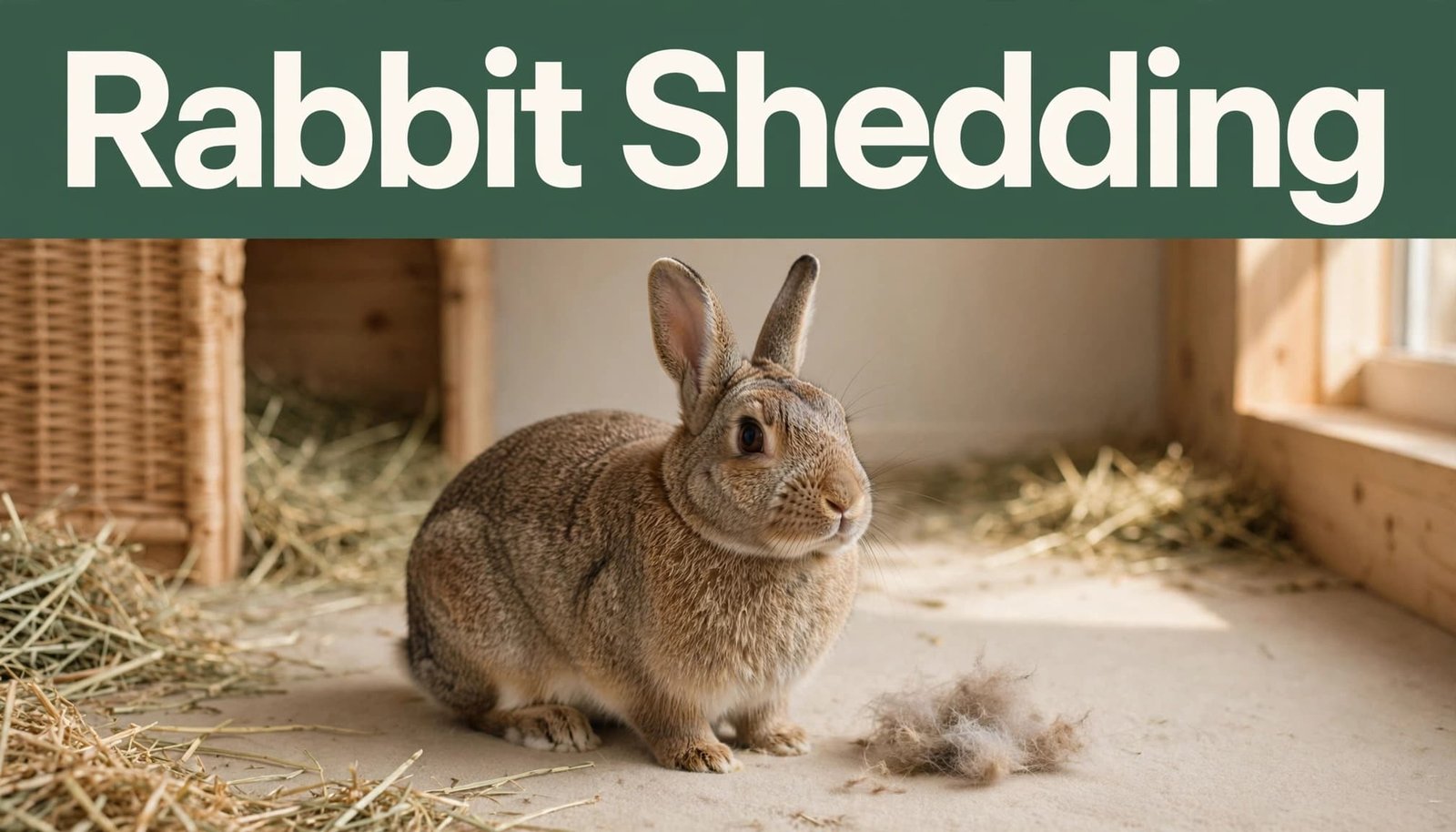 Healthy rabbit beside loose fur and hay in a cozy indoor habitat.