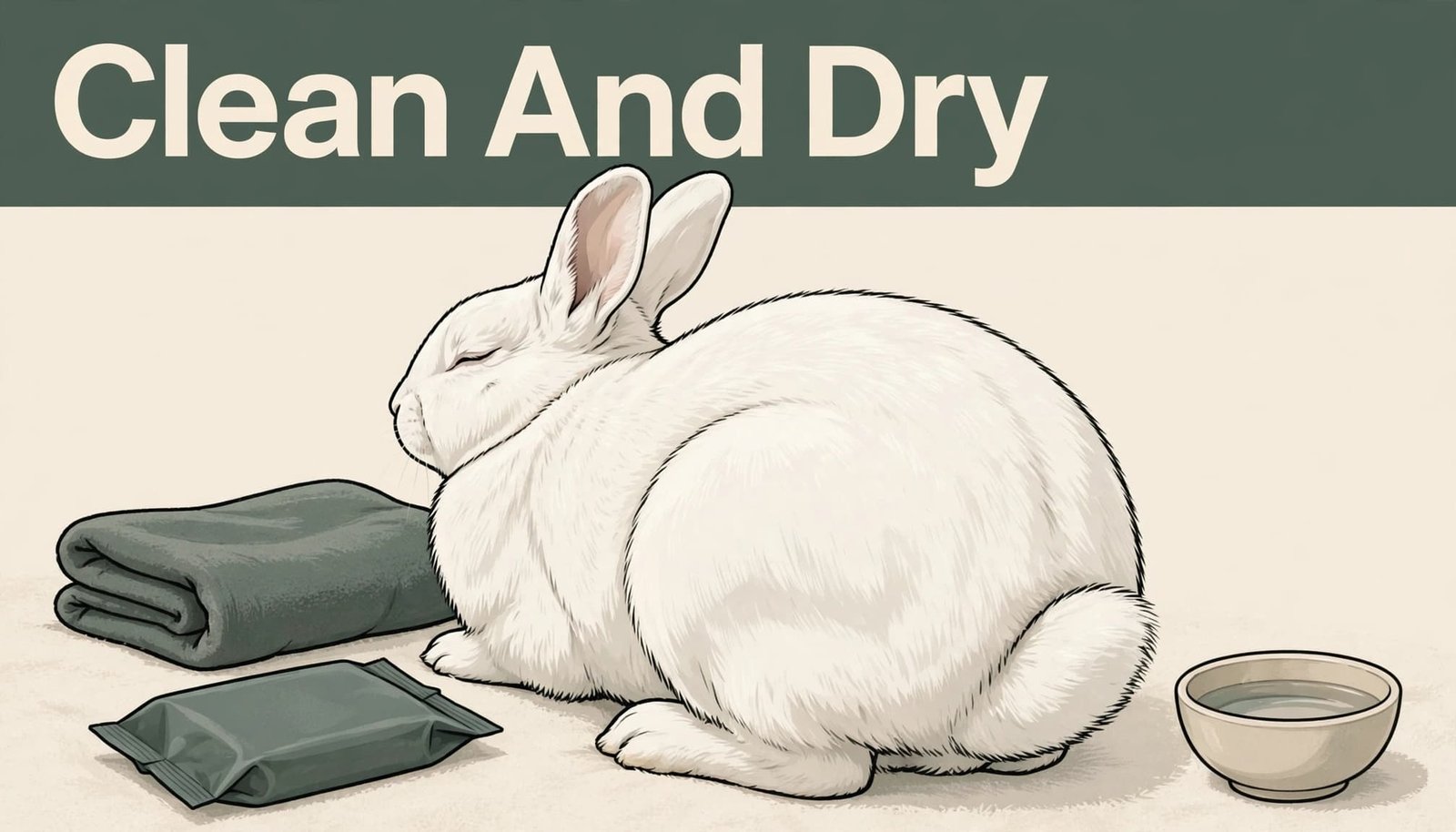 White rabbit beside a towel, pet wipe, and water bowl in a simple grooming area.