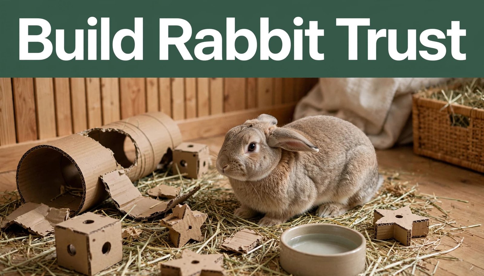 A rabbit explores hay, a tunnel, cardboard toys, and a water bowl indoors.