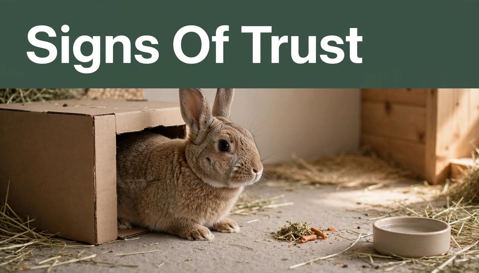 A rabbit leaves a cardboard hideout to approach a treat in its pen.