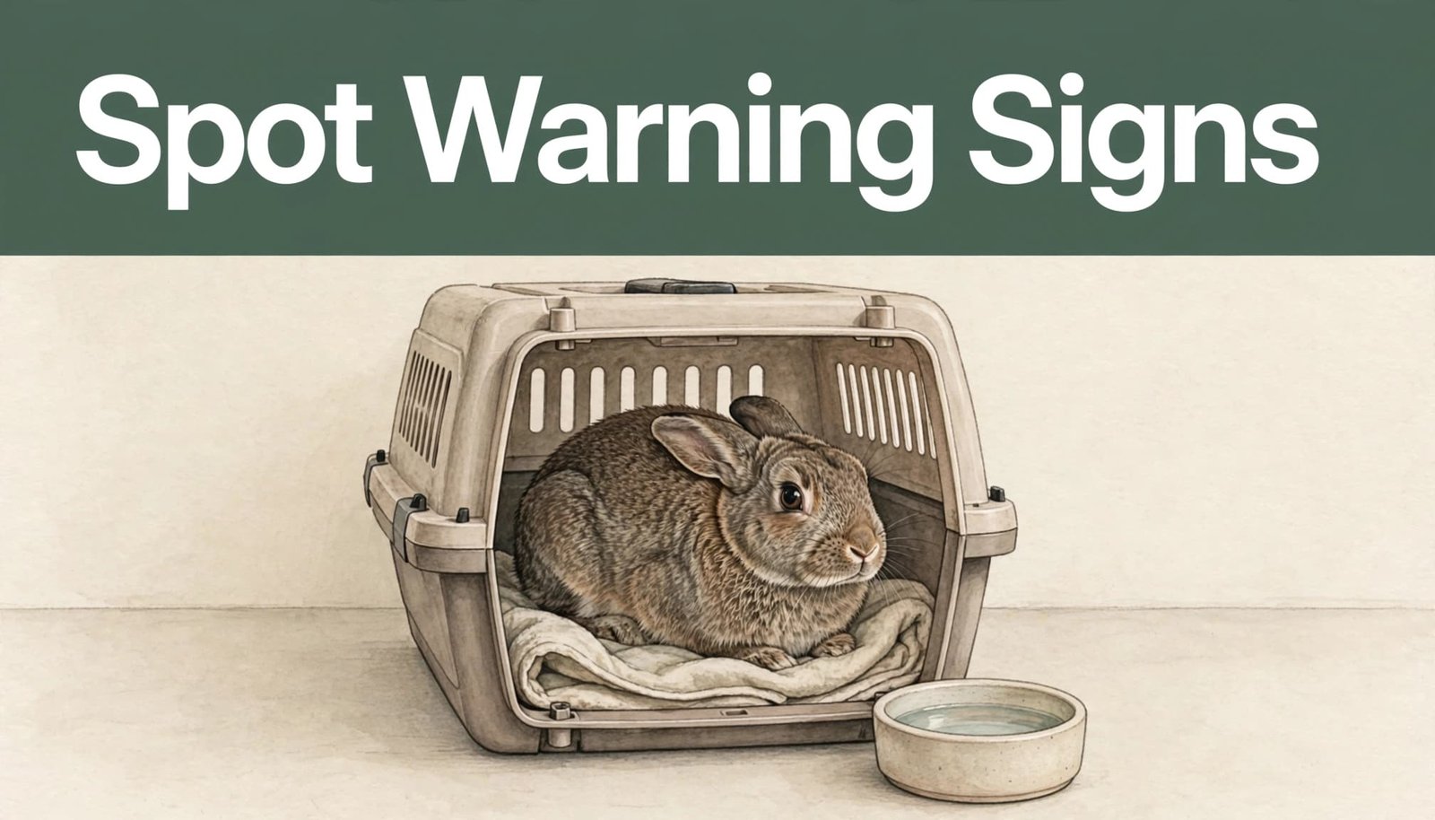 A hunched rabbit rests on a towel inside an open pet carrier.