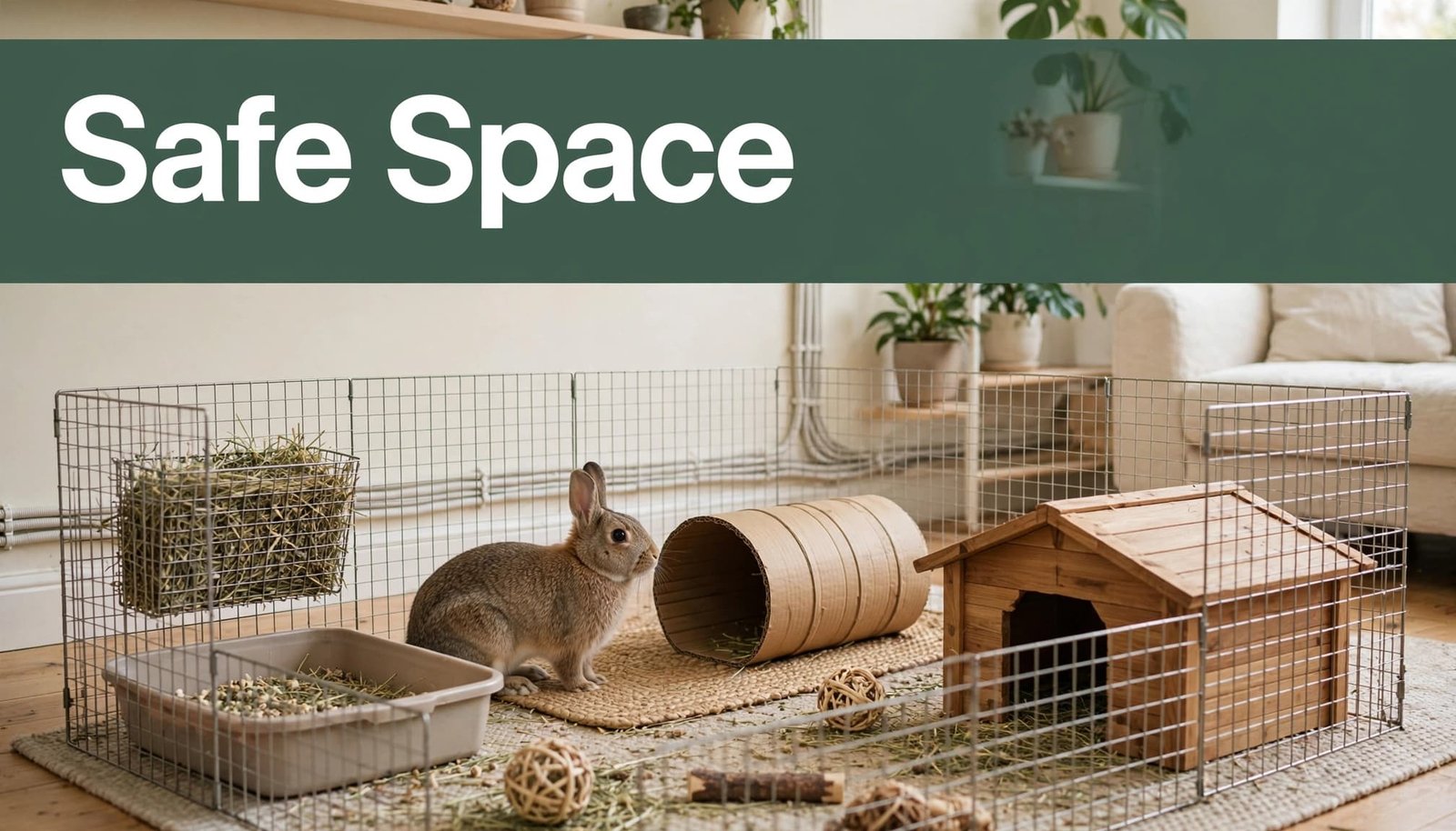 A rabbit explores an indoor pen with a tunnel, hay feeder, litter box, toys, and hiding space.