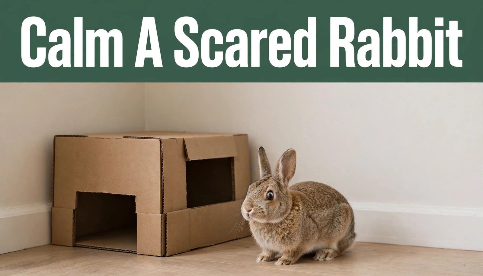 A wide-eyed rabbit sits beside a cardboard hideout with two exits.