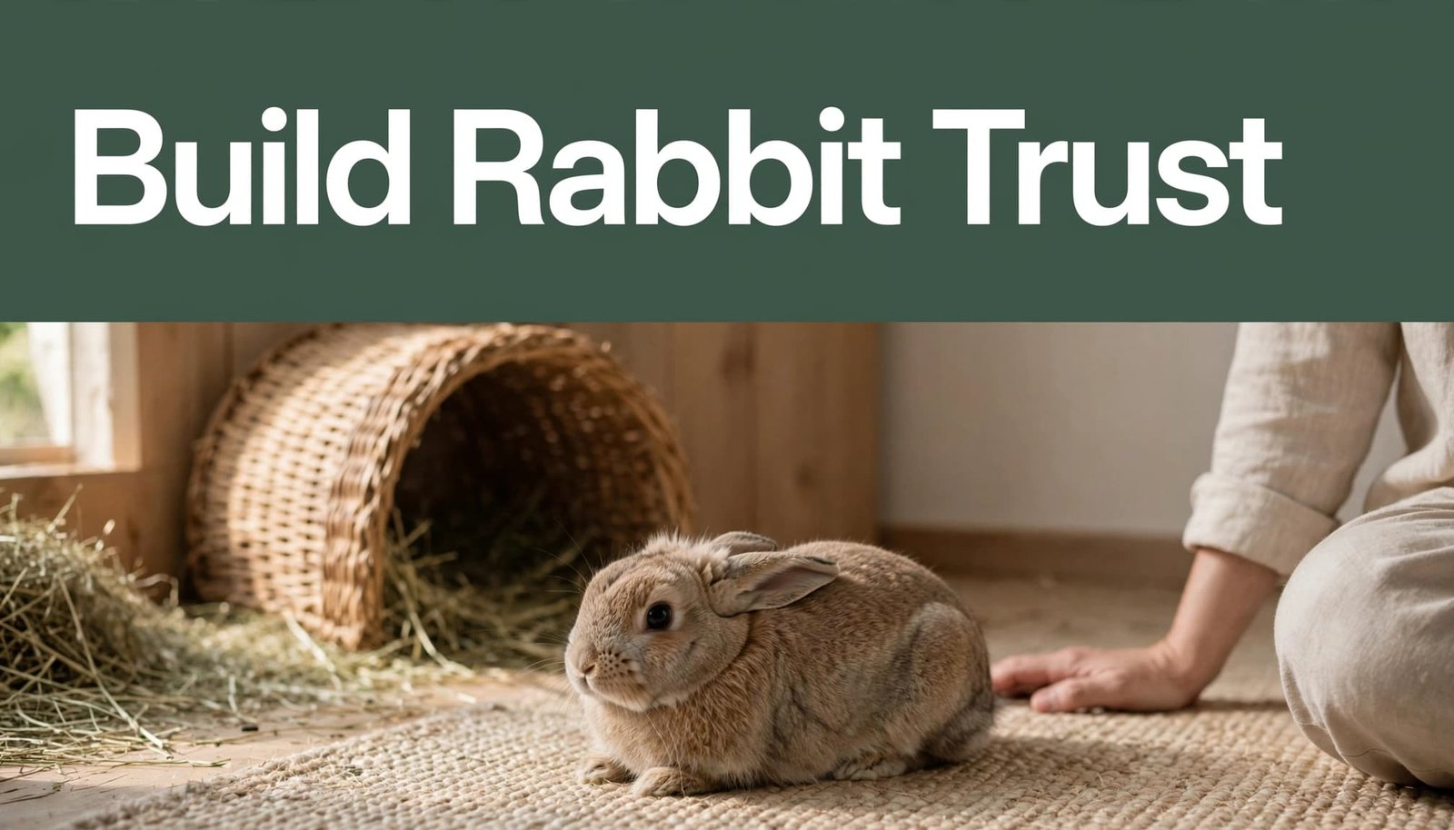 A shy rabbit rests near a seated person in a softly lit room.