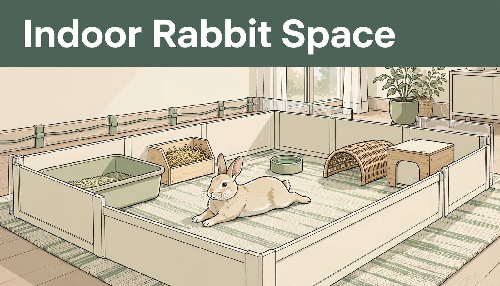 A rabbit stretches in a spacious indoor pen with a tunnel, hay, and a drinking dish.