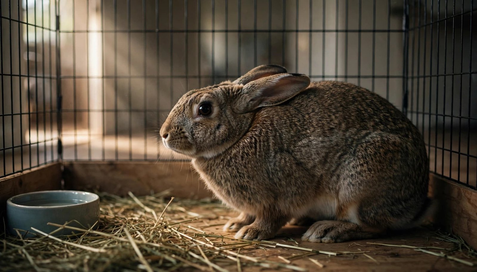 A tense rabbit crouches beside a water bowl and hay in a softly lit pen.