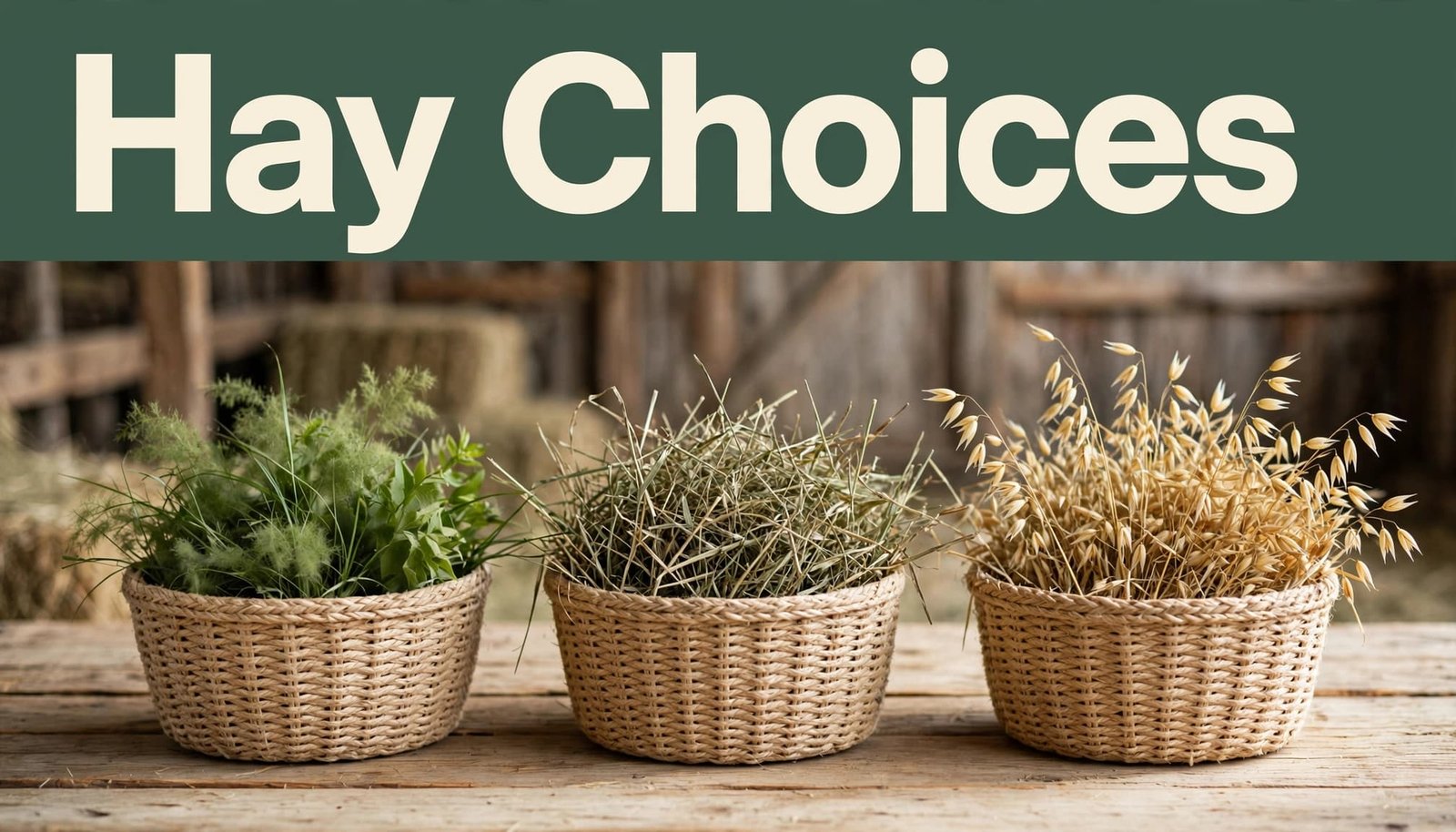 Three baskets display orchard grass, timothy hay, and oat hay on a rustic table.