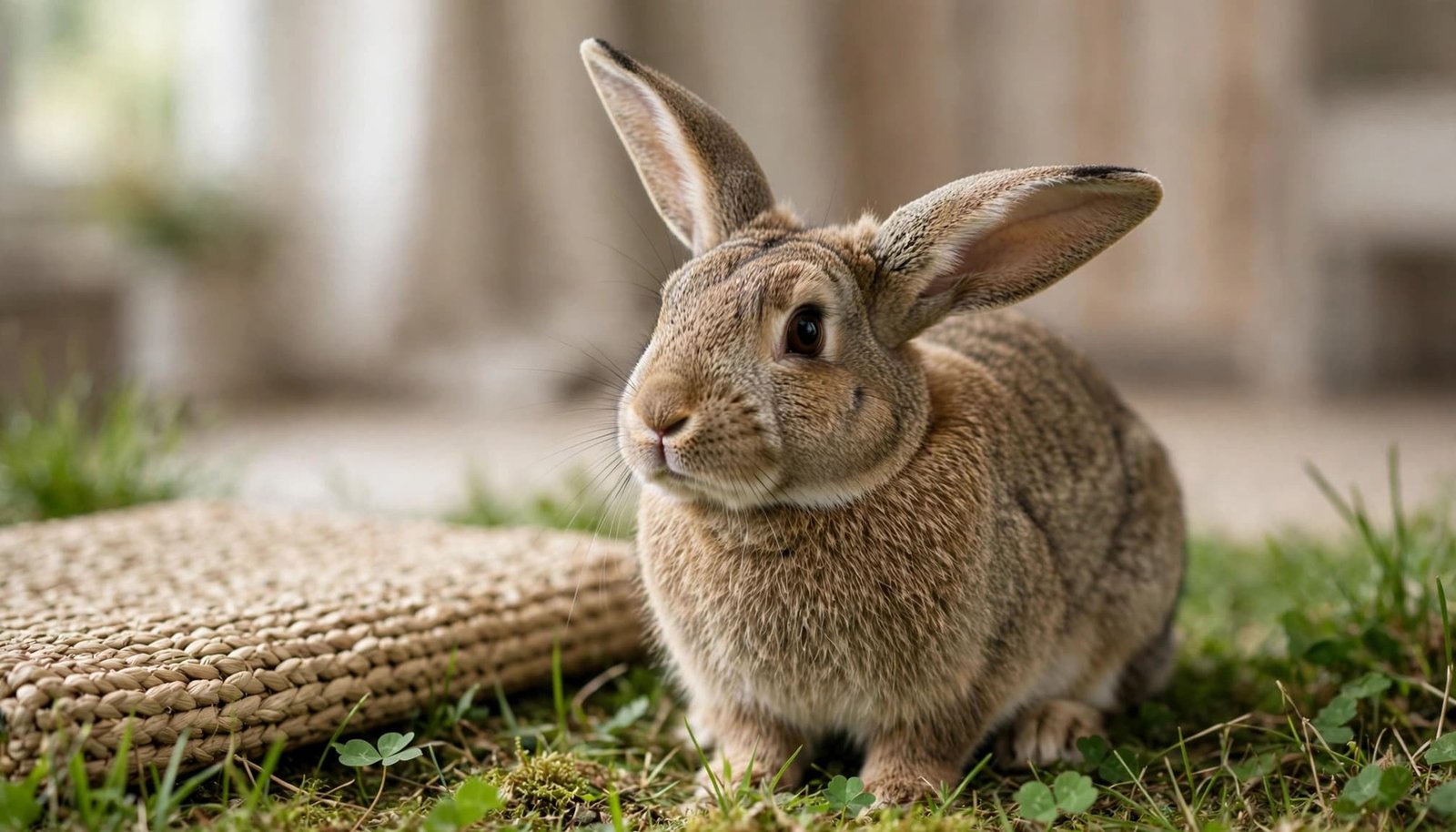 A brown domestic rabbit with alert ears sitting on grass beside a woven mat indoors.