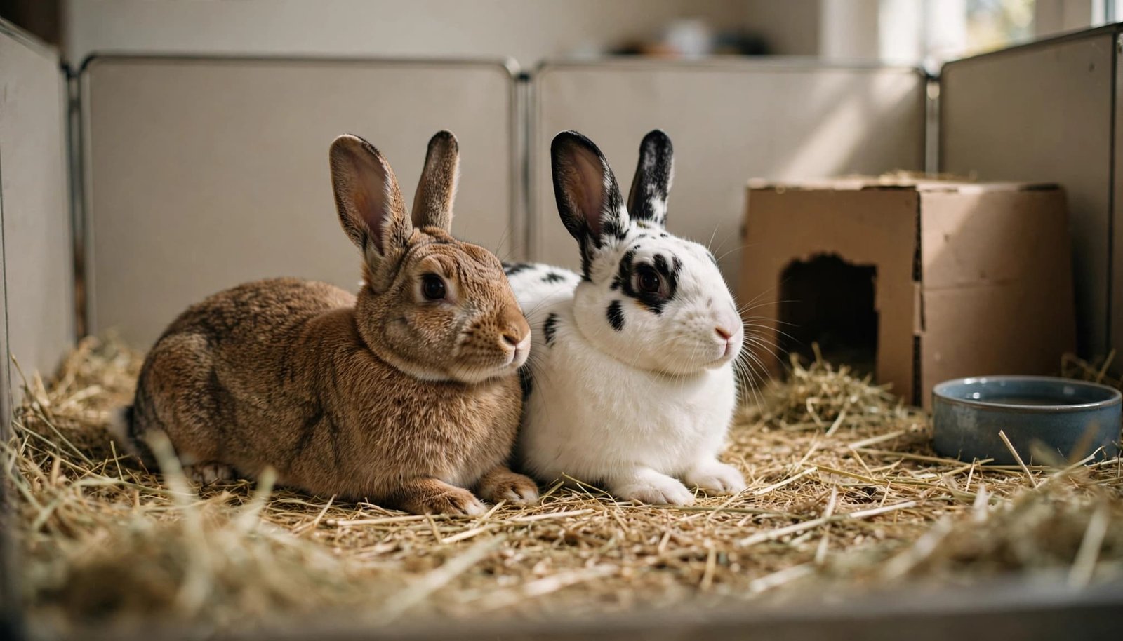 Two rabbits sit calmly side by side in a pen with hay and a cardboard hide.