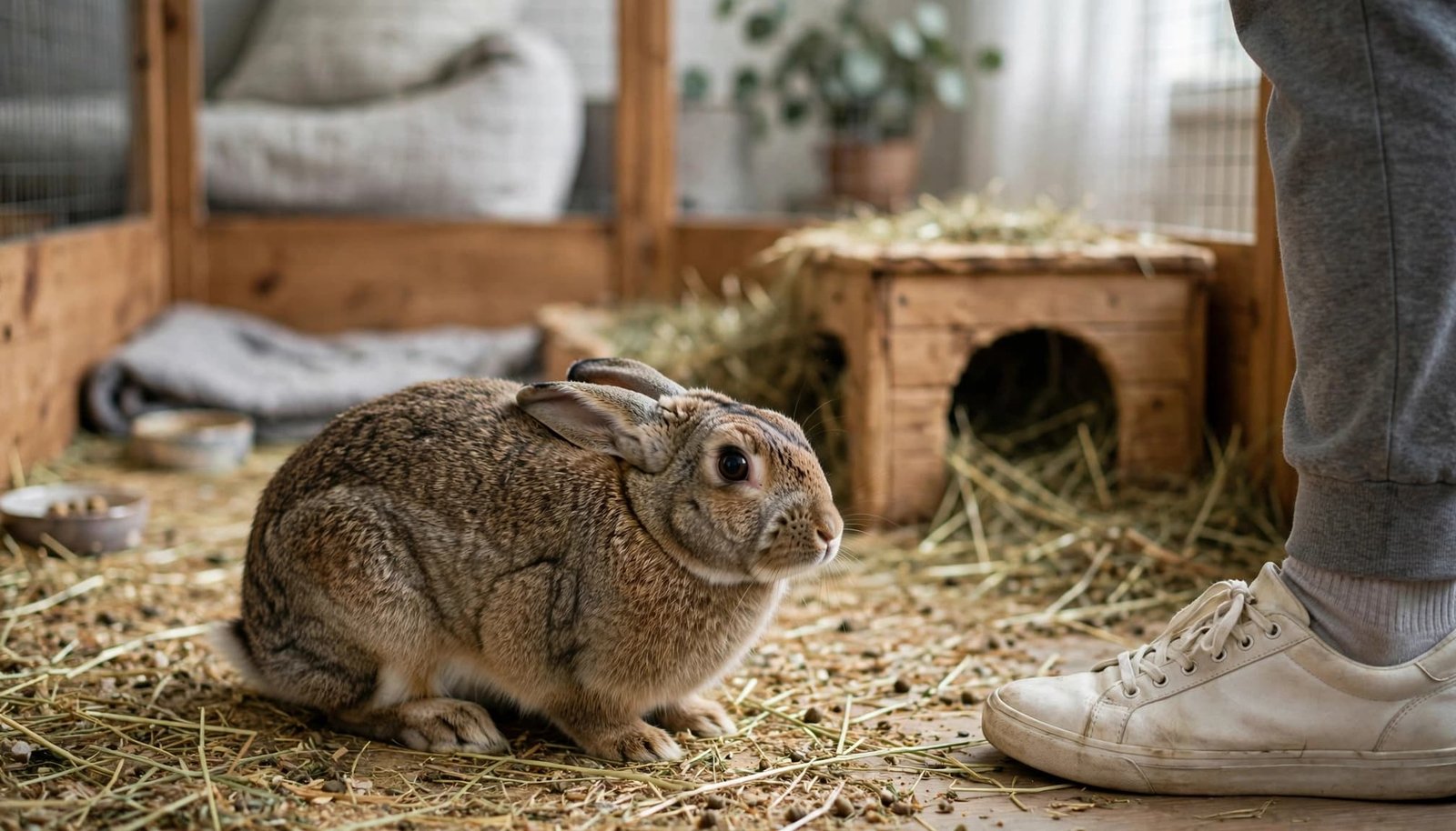 A brown rabbit sits on hay next to a person's leg and white sneaker inside a pen.
