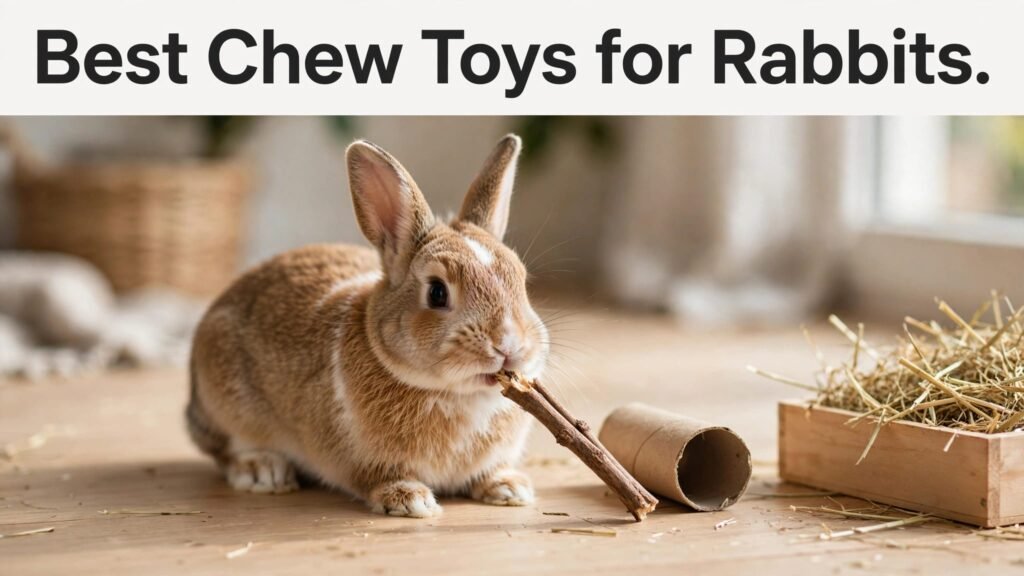 A rabbit chews a willow stick beside a cardboard tube and hay box.