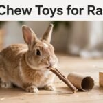 A rabbit chews a willow stick beside a cardboard tube and hay box.