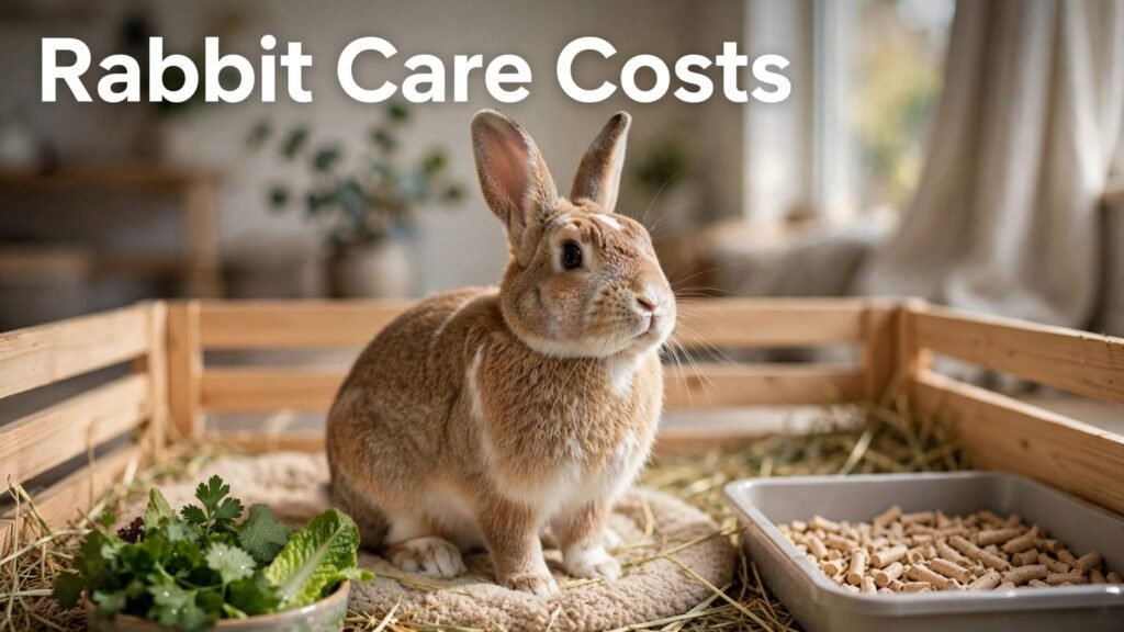 An alert rabbit beside greens, hay, and a litter tray.