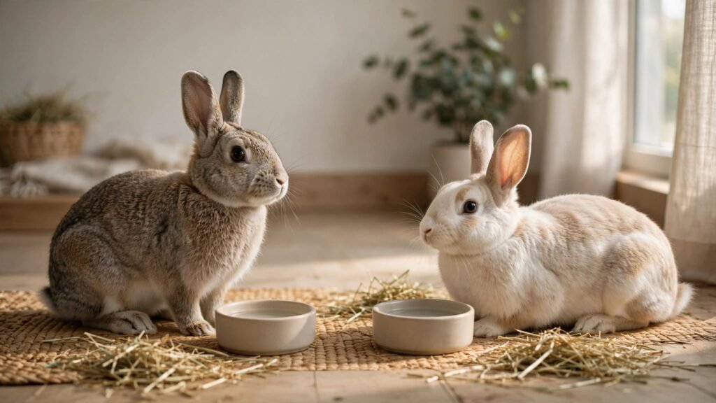 Two rabbits watch each other from a short distance beside water bowls and hay.