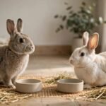 Two rabbits watch each other from a short distance beside water bowls and hay.