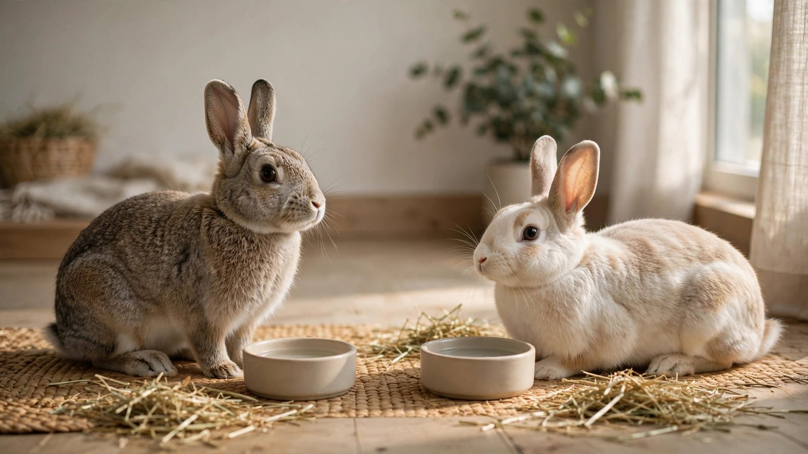 Two rabbits watch each other from a short distance beside water bowls and hay.