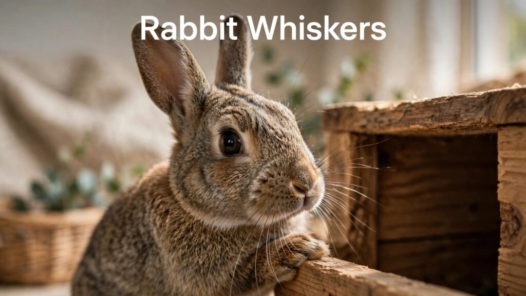A rabbit explores a wooden hideaway, with its whiskers in sharp focus.