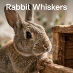 A rabbit explores a wooden hideaway, with its whiskers in sharp focus.