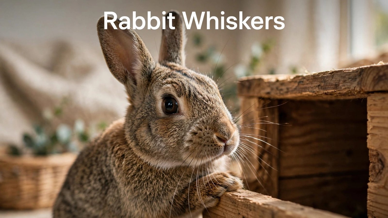 A rabbit explores a wooden hideaway, with its whiskers in sharp focus.
