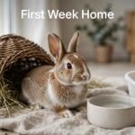 A young rabbit sits beside a woven hideout, hay, water bowl, and litter box.