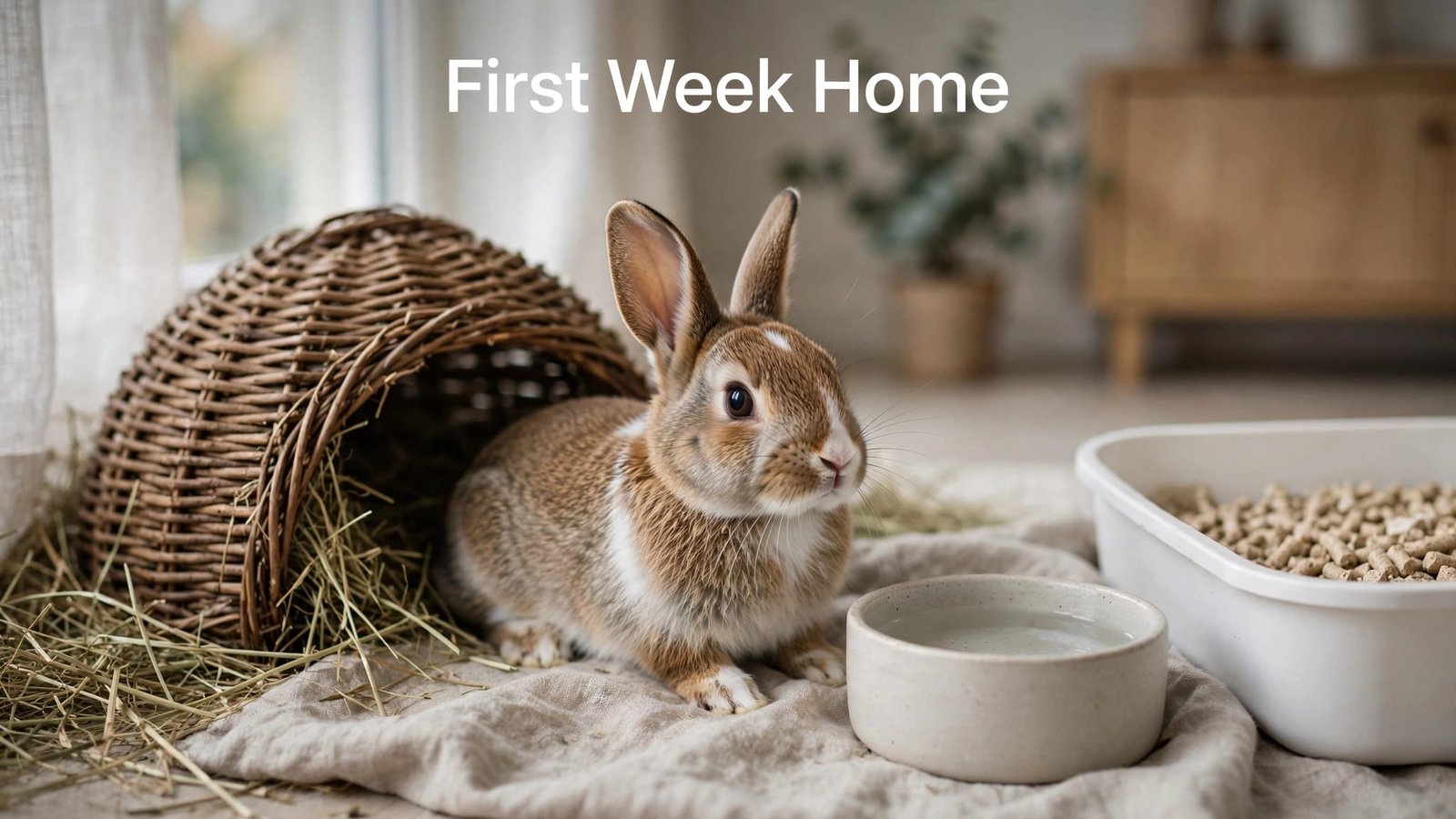 A young rabbit sits beside a woven hideout, hay, water bowl, and litter box.