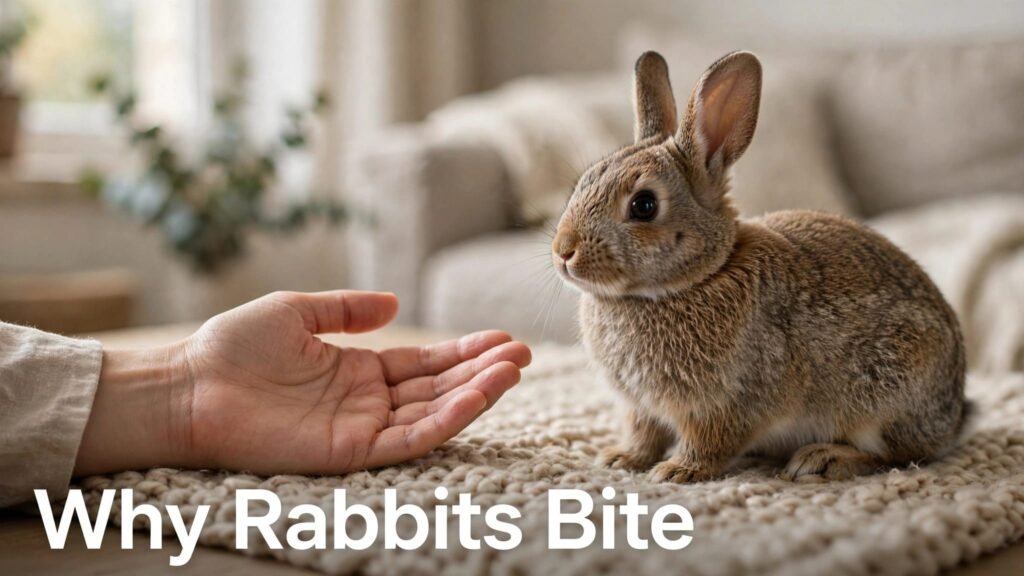 An alert rabbit rests beside an open hand on a rug.