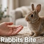 An alert rabbit rests beside an open hand on a rug.