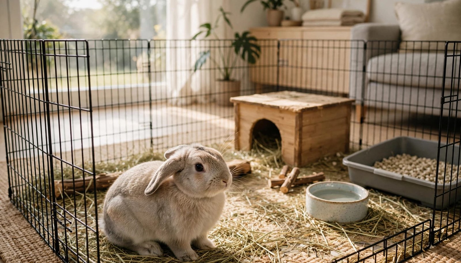 A rabbit sits inside a pen with hay, a hideout, water bowl, and litter tray.