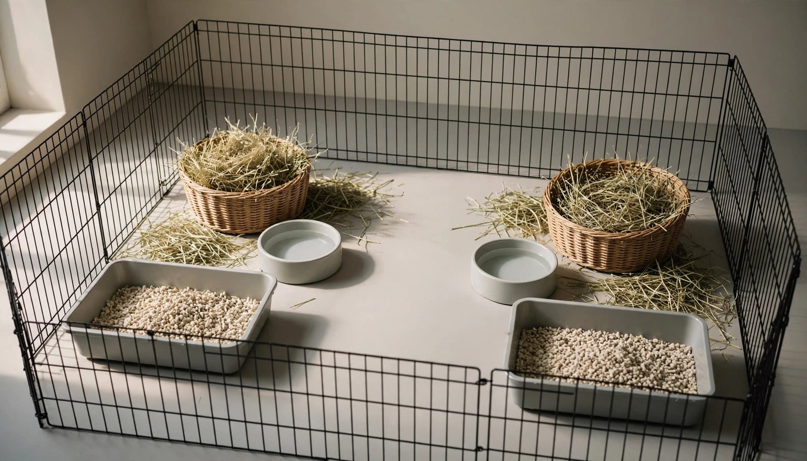A clean rabbit exercise pen with symmetrical hay baskets, water bowls, and litter trays.