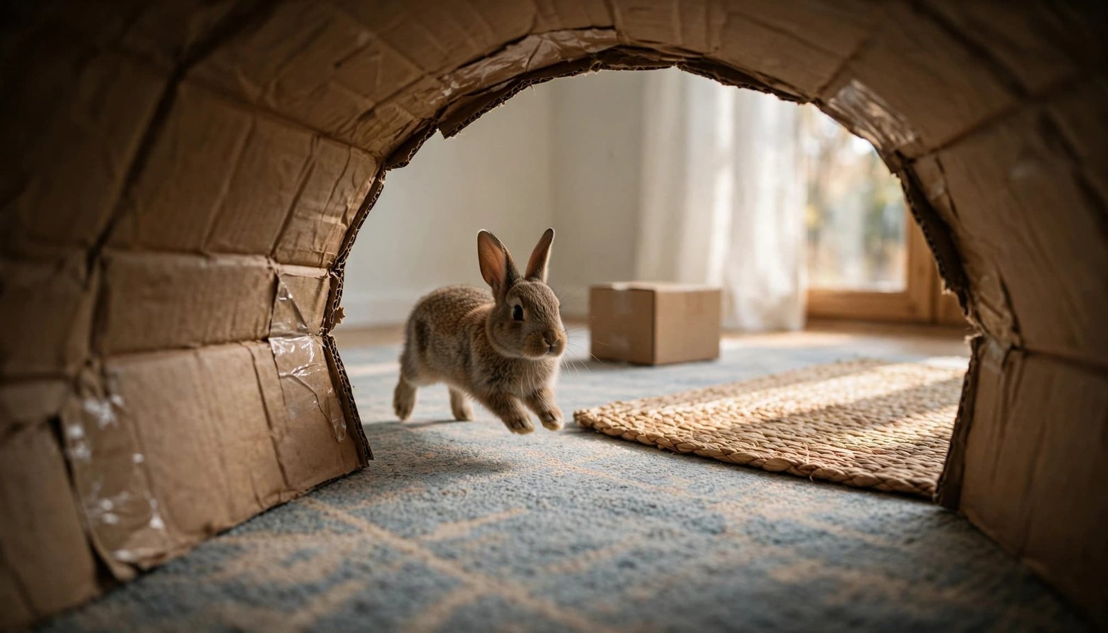 A rabbit hops through a cardboard tunnel toward a small box on a rug.