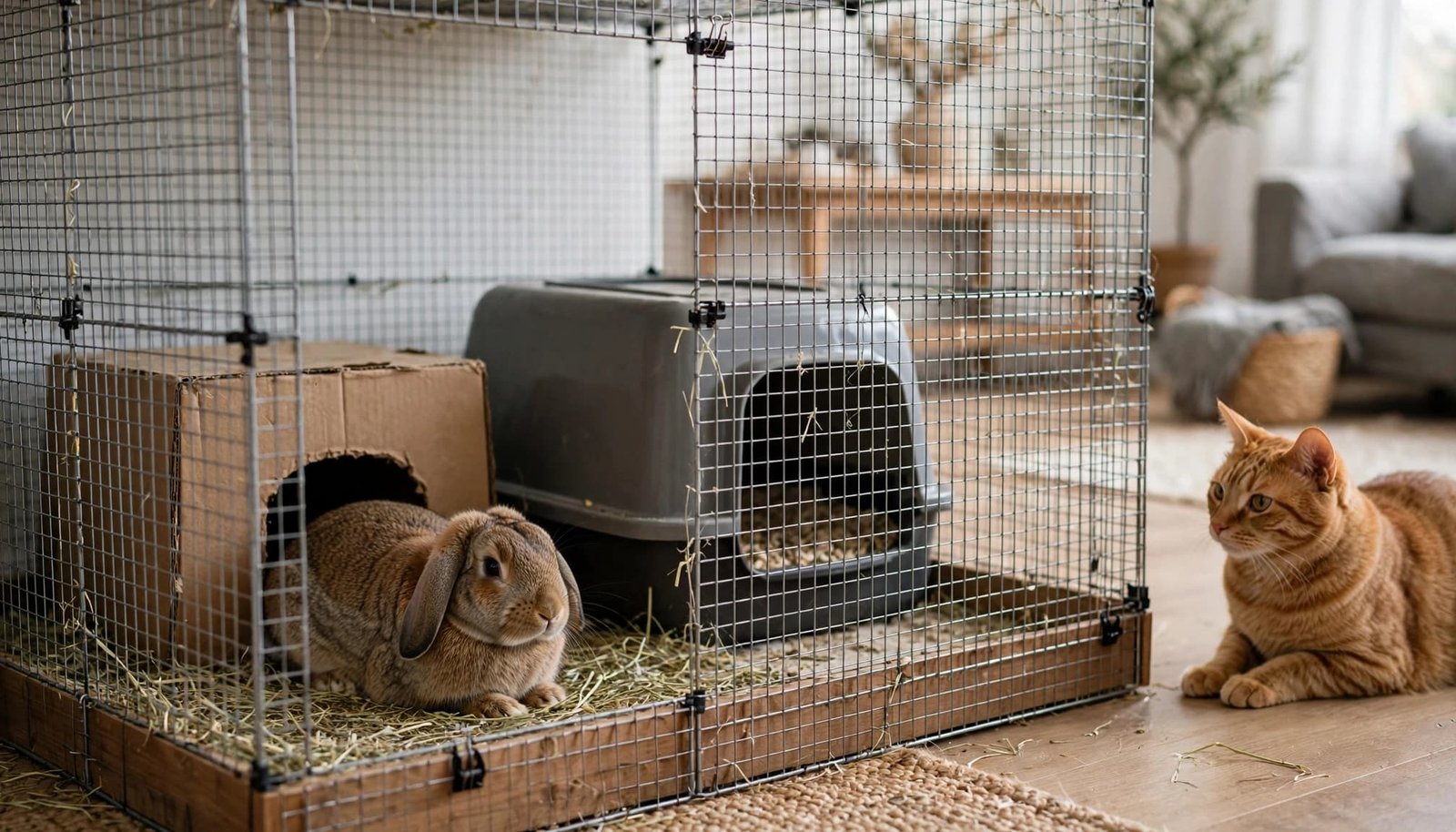 A rabbit rests in a wire enclosure next to a cardboard hide and litter box while a cat watches.