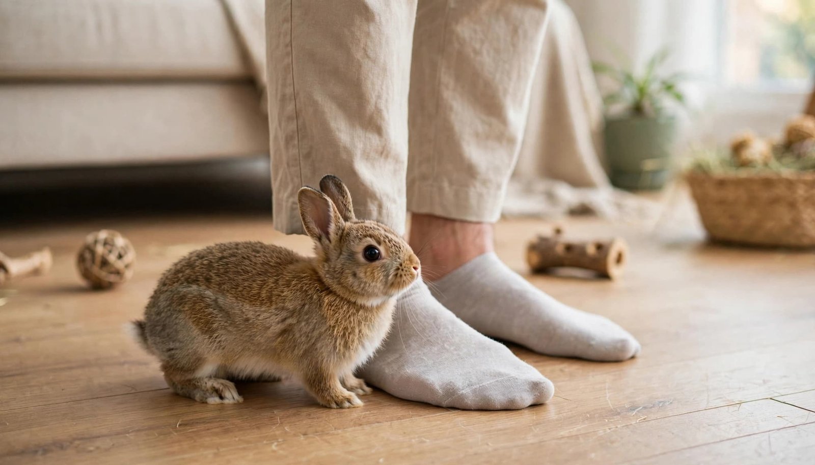 A small brown rabbit stands near a person's feet in socks and trousers on a wooden floor.