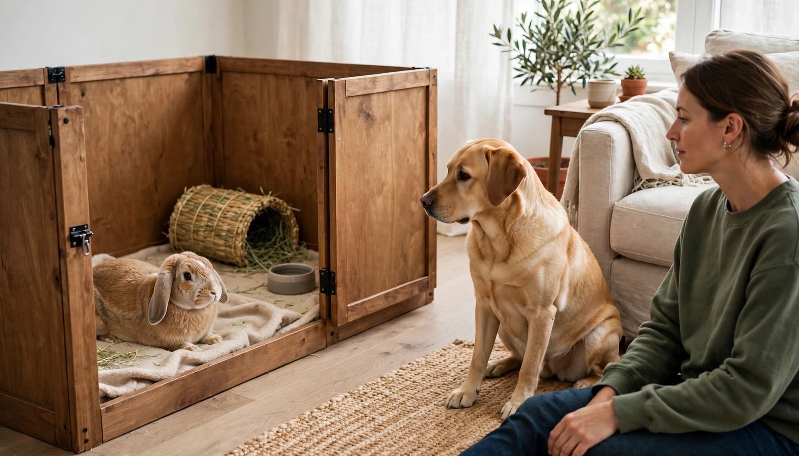 A rabbit in a wooden pen, a yellow lab dog, and a woman sitting together in a living room.