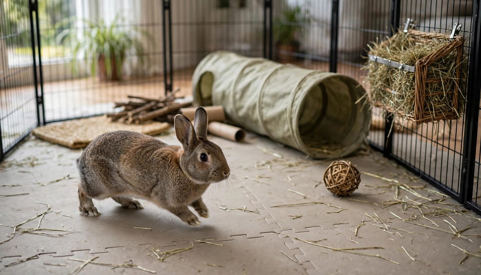 A brown domestic rabbit explores a spacious indoor exercise area with a tunnel, hay rack, and toys.