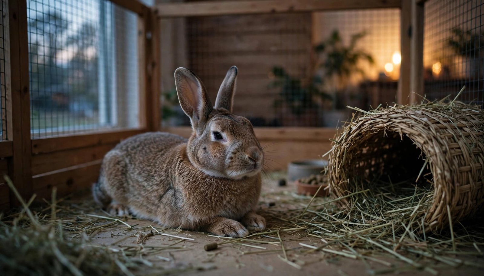 A rabbit rests beside hay and a tunnel in a softly lit indoor pen.