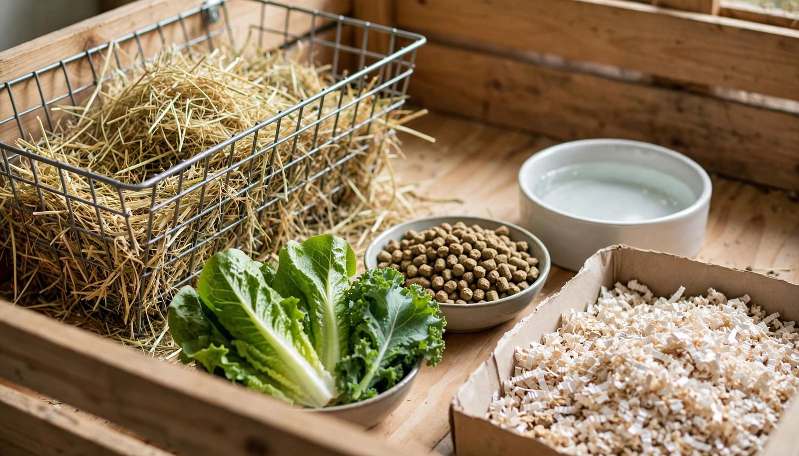 A rabbit feeding station with a metal hay rack, bowl of pellets, leafy greens, water bowl, and paper litter.