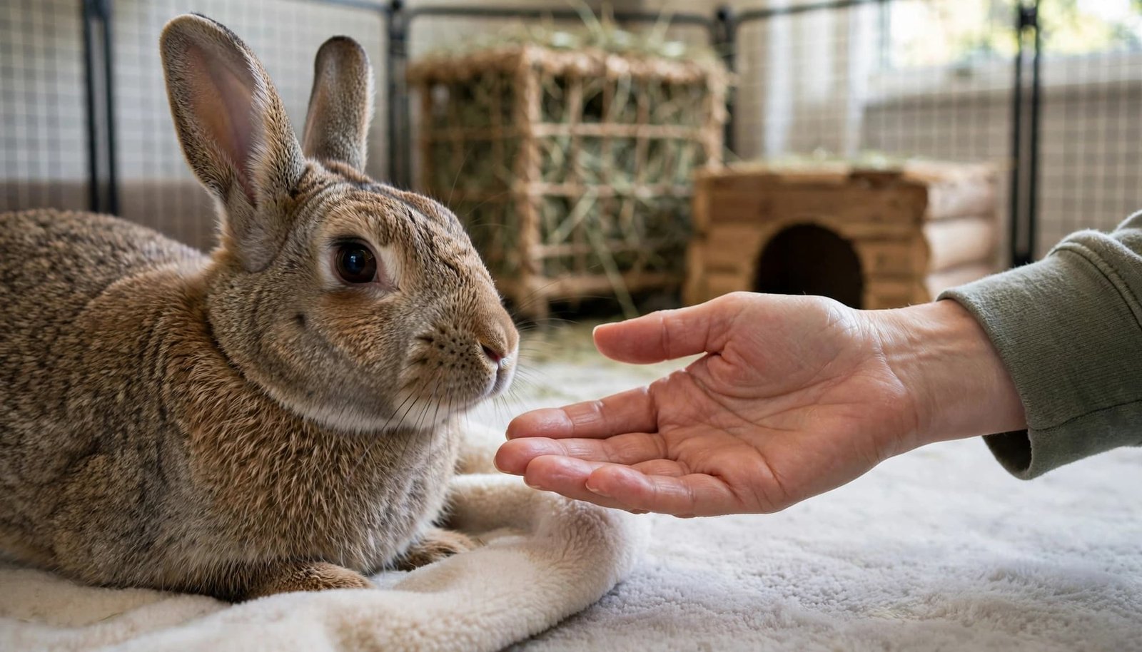 A calm domestic rabbit looks toward an adult caretaker's flat hand approaching safely.
