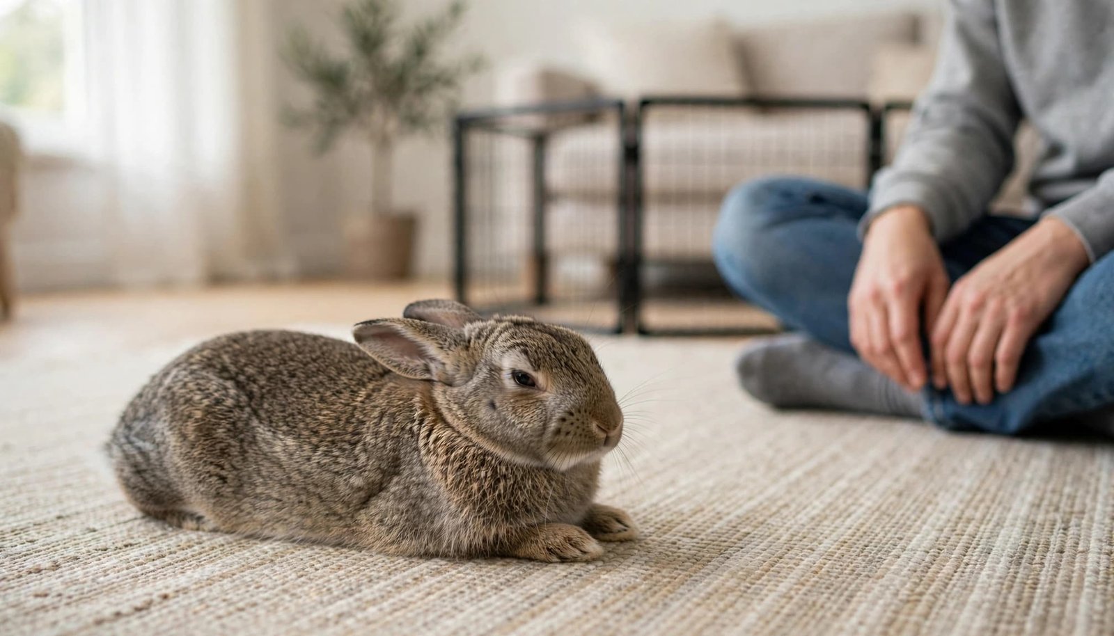 A small brown rabbit rests on a woven rug near a person sitting on the floor.