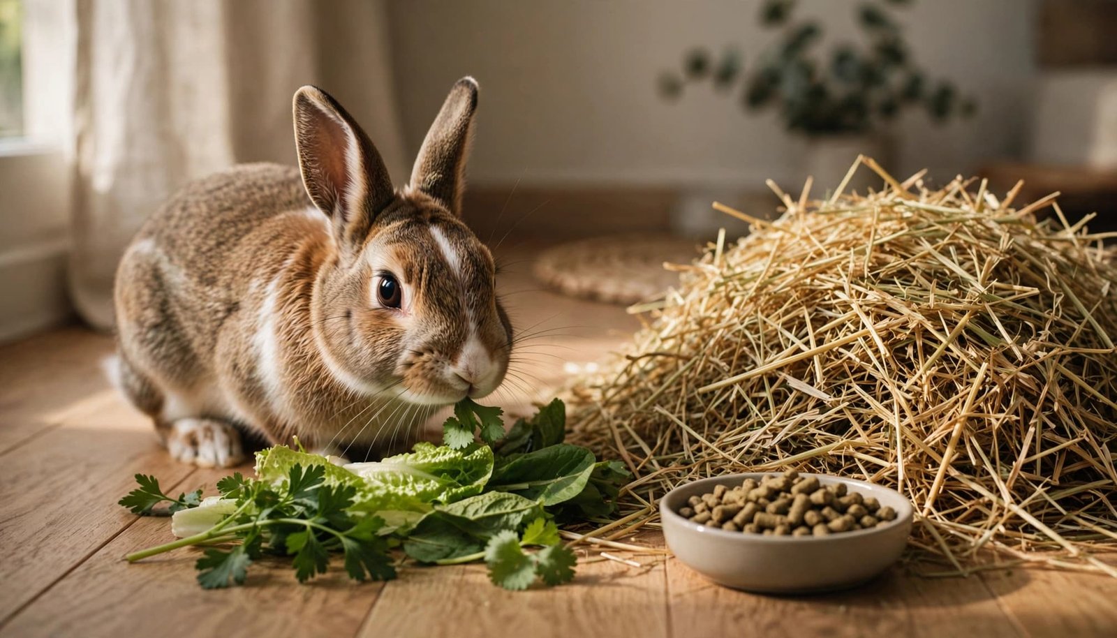 A rabbit eats leafy greens beside hay and a small bowl of pellets.