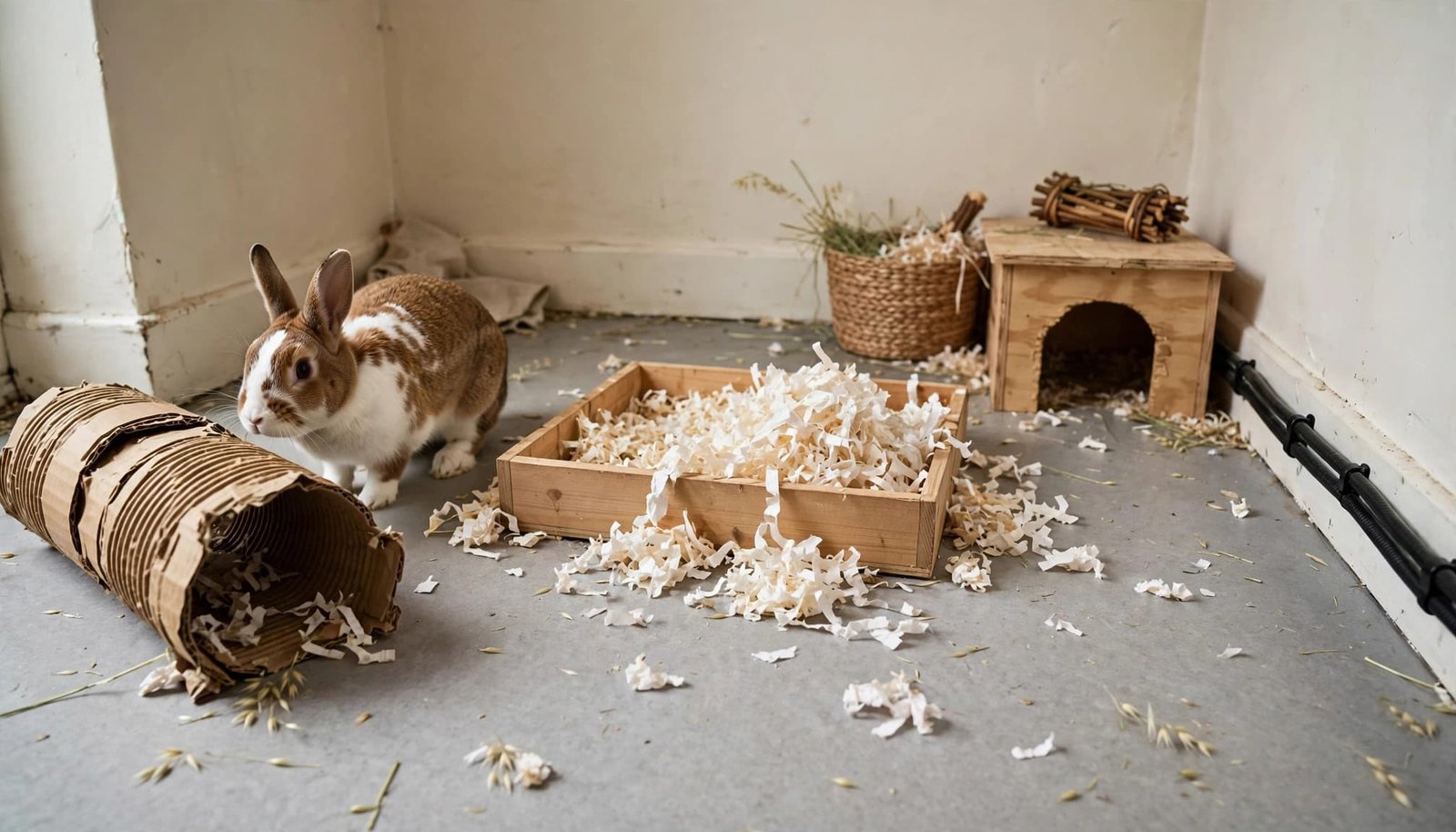 A brown and white rabbit near a cardboard tunnel, wooden digging box with shredded paper, and a hideout.