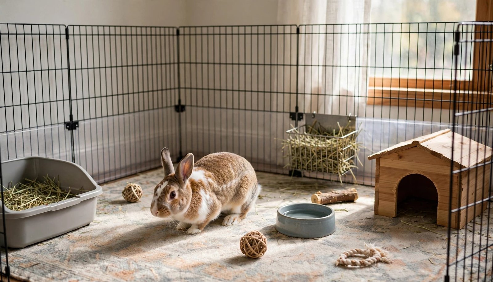 A brown and white rabbit in an indoor pen with a litter box, hay feeder, water bowl, and wooden hideout.