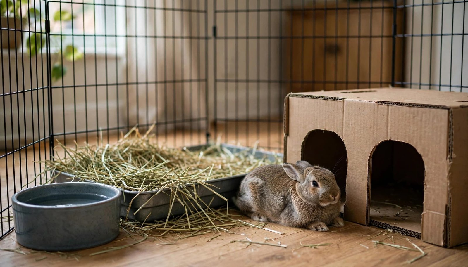 A brown rabbit sitting next to a cardboard hide, a hay-filled litter tray, and a water bowl inside an exercise pen.
