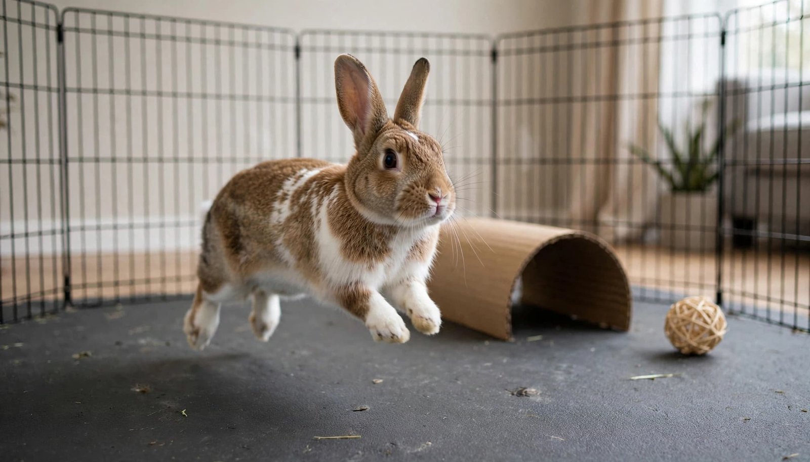 A brown and white rabbit hops across an indoor exercise pen with a cardboard tunnel and chew toy.
