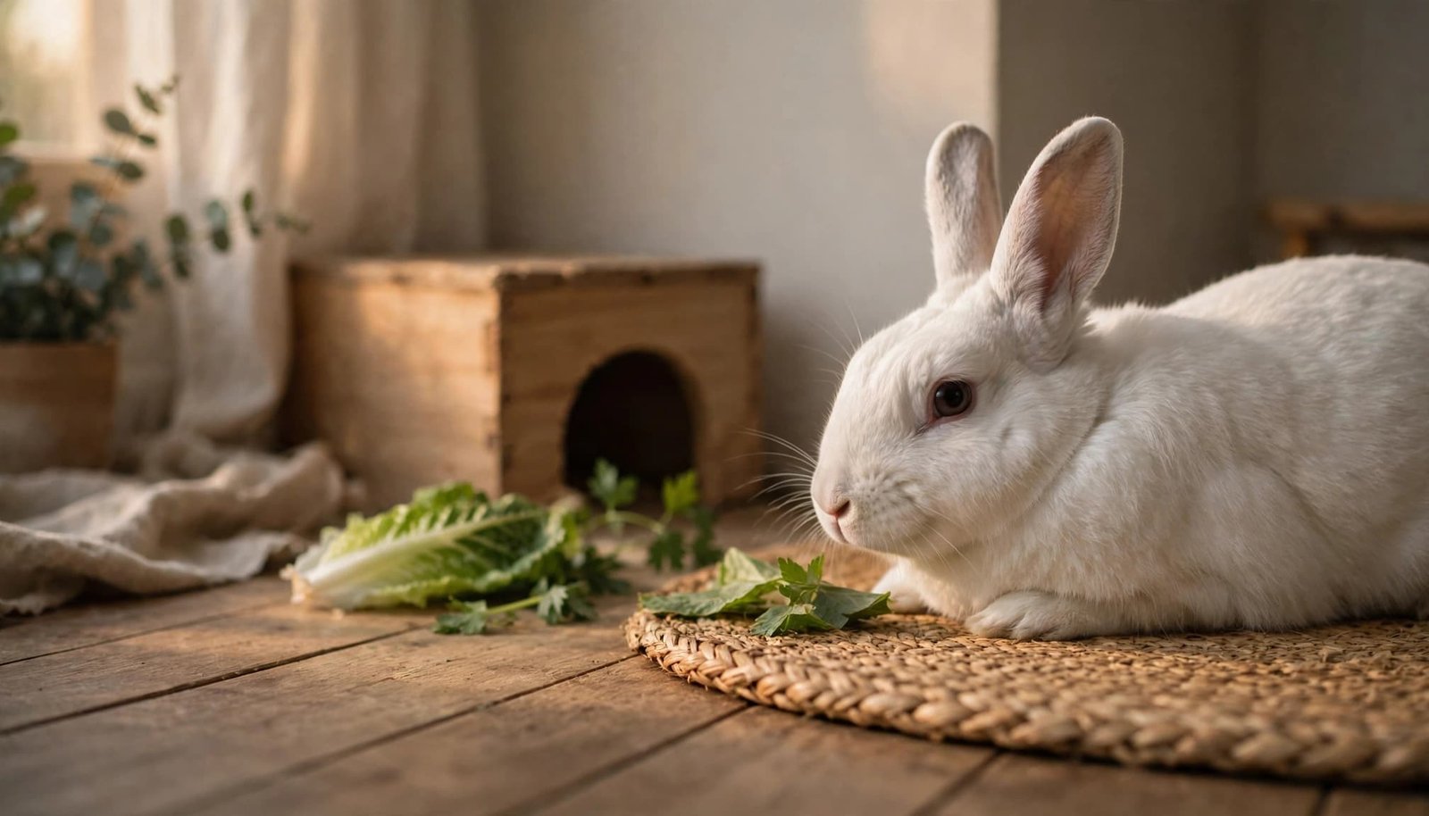 A white rabbit rests on a mat beside a hideaway box and fresh greens.