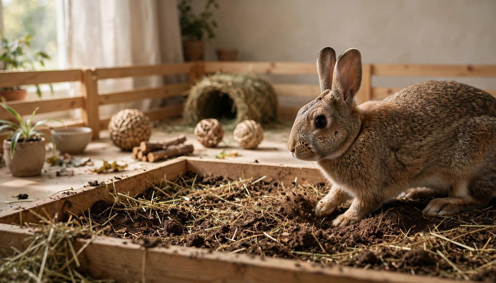 A rabbit explores a shallow soil-and-hay tray beside a wooden pen.